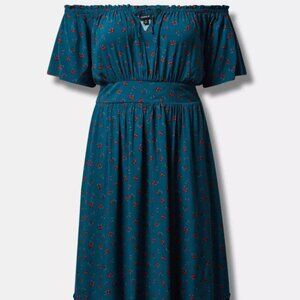 Torrid Teal Blue Floral Smocked Off-Shoulder Dress — Size 1 (14/16)